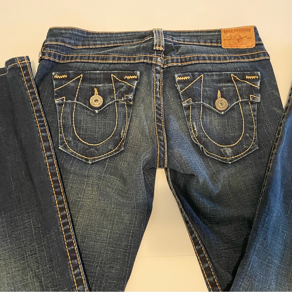True Religion Blue Boot Cut Jeans with Golden Stitching